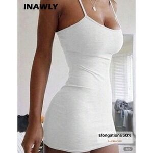INAWLY Bodycon Mini Dress S White Spaghetti Strap Stretch Scoop Neck‎ Casual